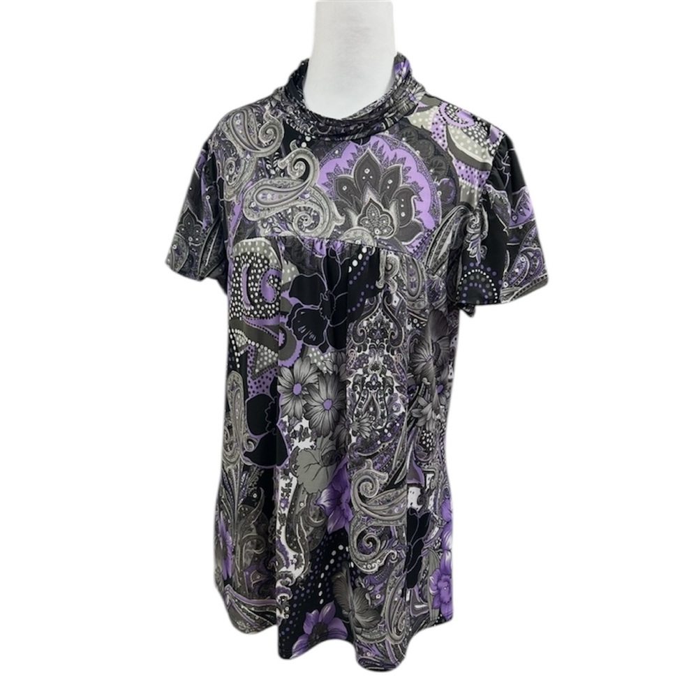Dressbarn Paisley Dark Floral Puff Sleeve Y2K High Neck Blouse Sz XL - Picture 1 of 7
